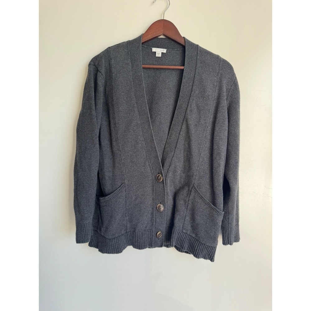 J. Jill Charcoal Gray Cotton Wool Cashmere Blend Button Front Cardigan Sweater M